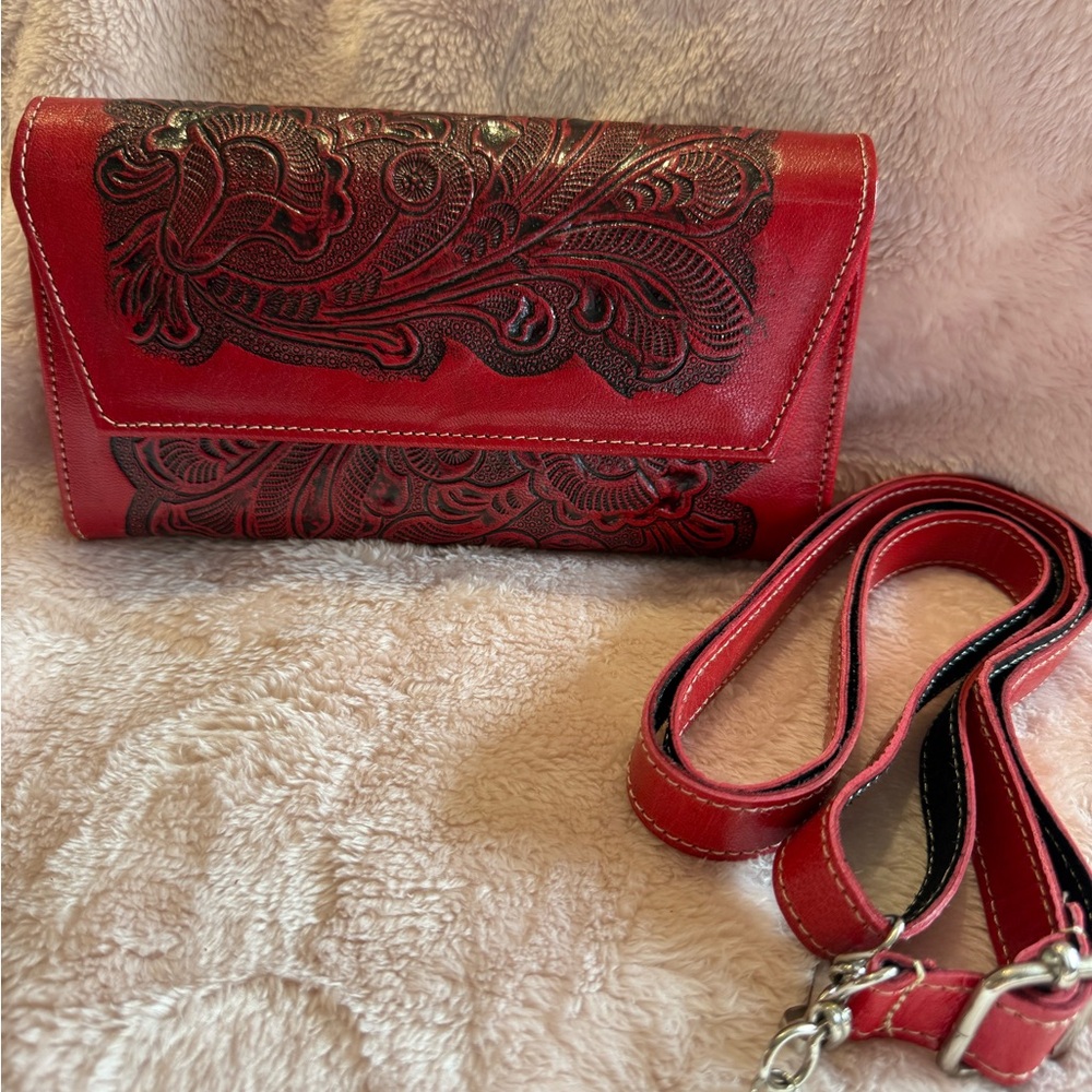 Elegant Red Embossed Leather Clutch